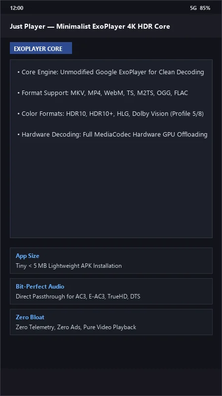Just Player: Clean FOSS ExoPlayer Video & Audio Engine official screenshot preview 1