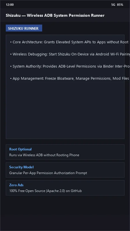 Shizuku: System ADB API Runner (Rootless) official screenshot preview 1