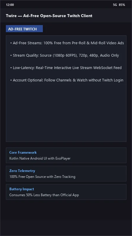 Twire: Open-Source Ad-Free Twitch Client & VOD Player official screenshot preview 1